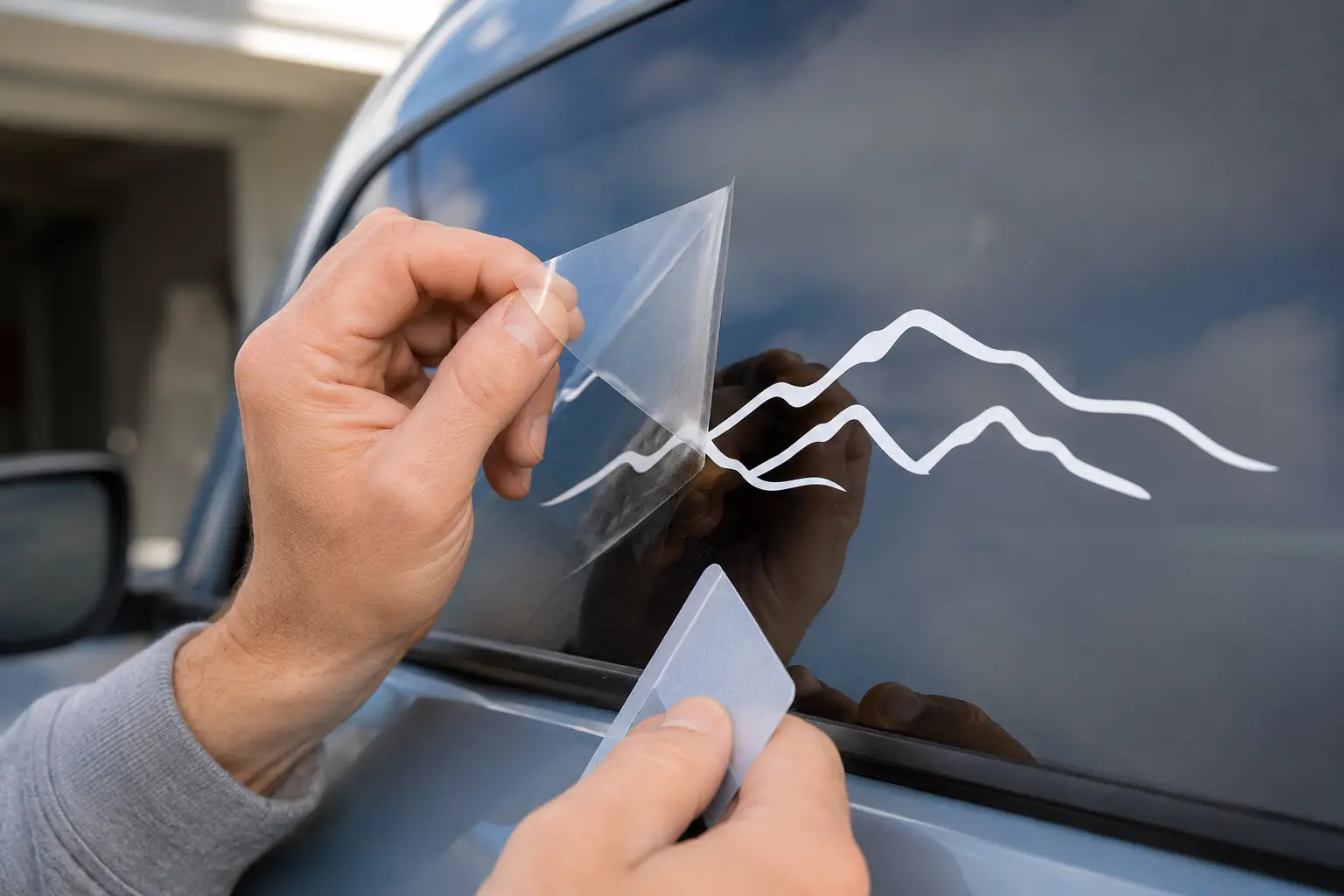 Precision die-cut vinyl being applied to a vehicle window