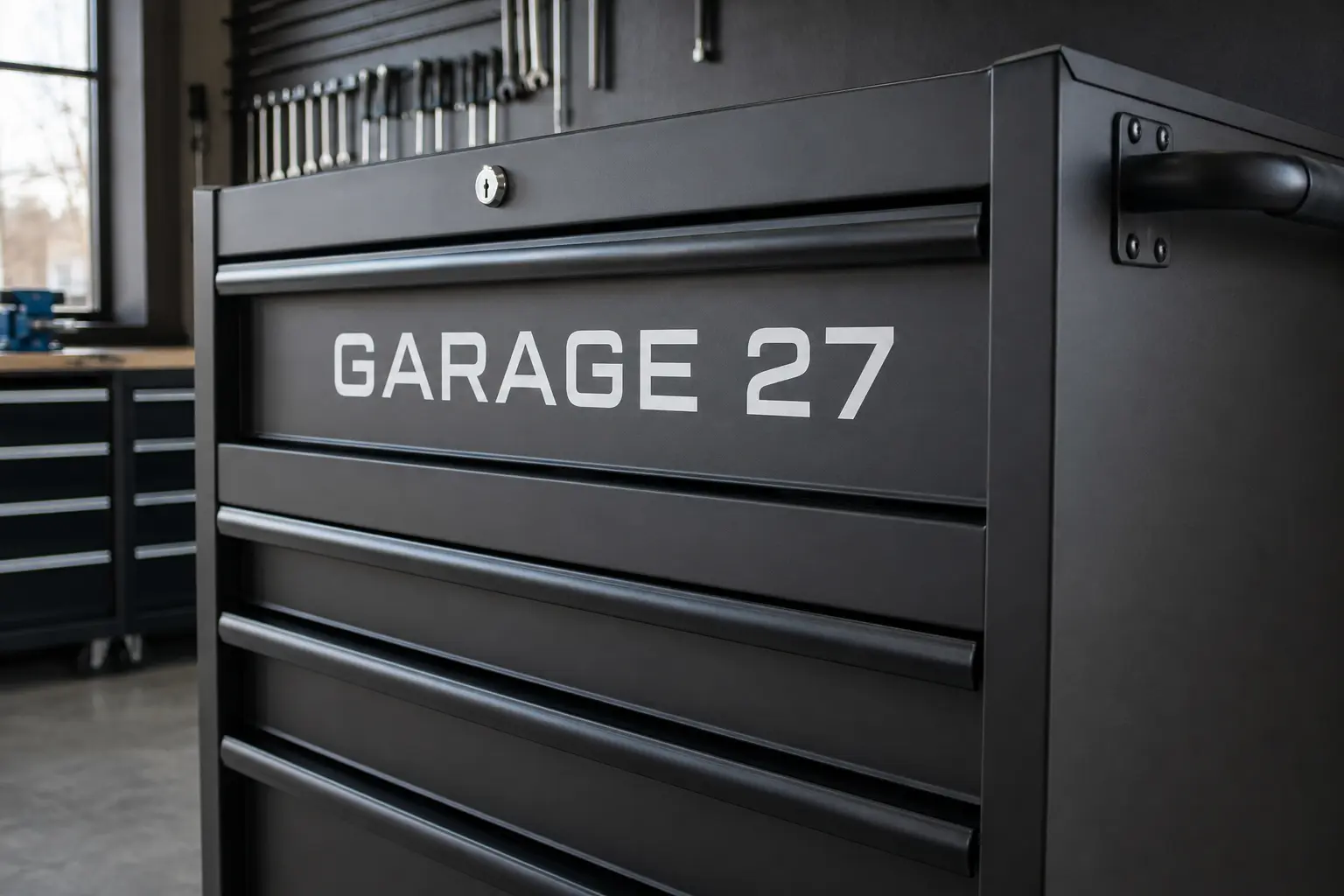 Premium tool cabinet with clean white precision-cut vinyl lettering