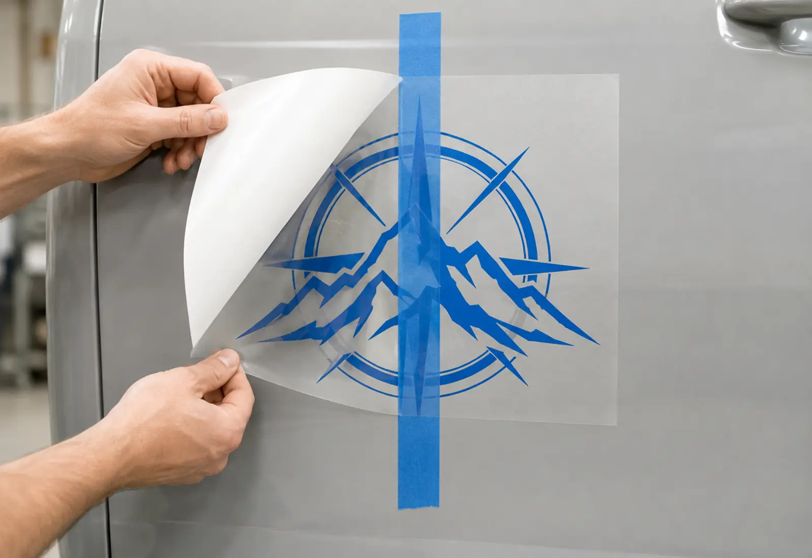 A center tape hinge keeps a long decal aligned while one half is applied.