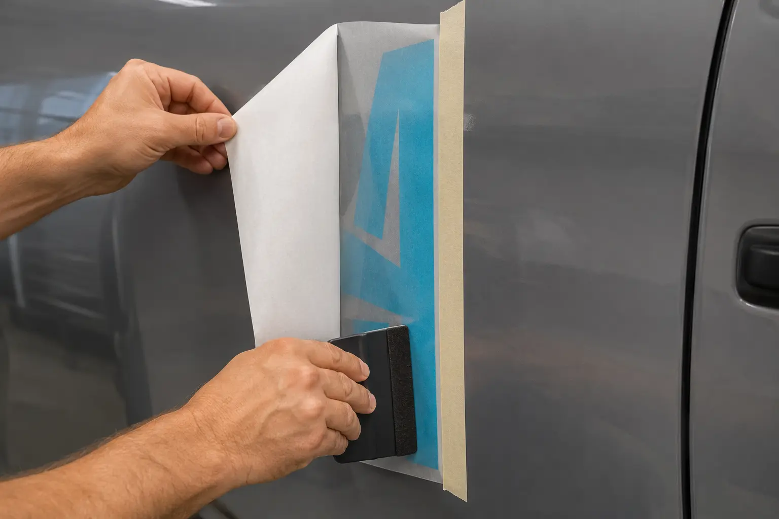 Tape one complete vertical edge, keep the adhesive suspended and squeegee away from the hinge.