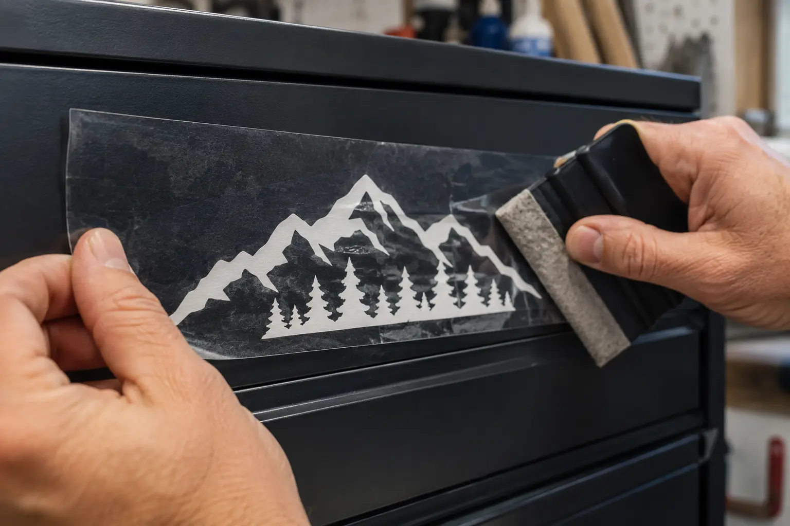 Hands carefully applying a precision-cut vinyl decal with transfer tape